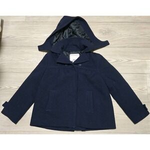 Jacadi Paris Girls Wool Blend Jacket /w Hood Navy Blue Size 10 Coat Madeline